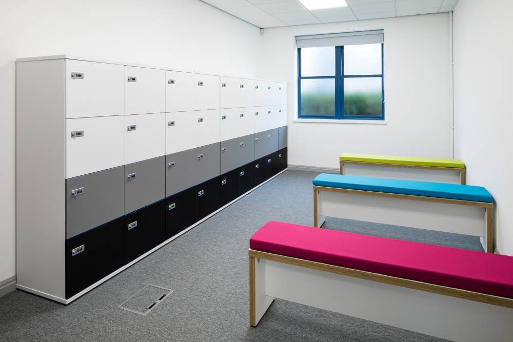 locker room with colourful benches