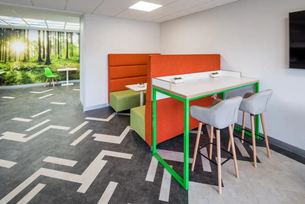 Modern office breakout area with contemporary furniture designed for business use